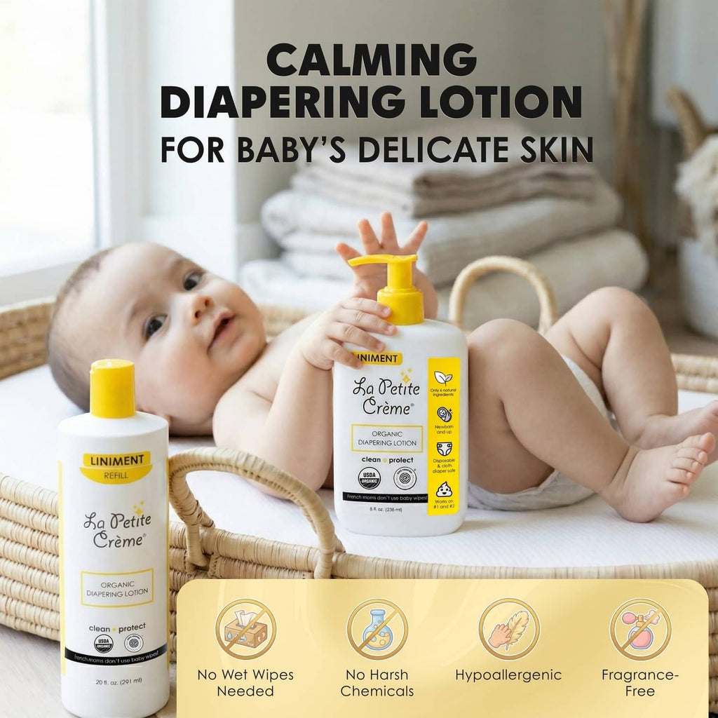 La Petite Creme French diapering lotion bottles, white with yellow pumps