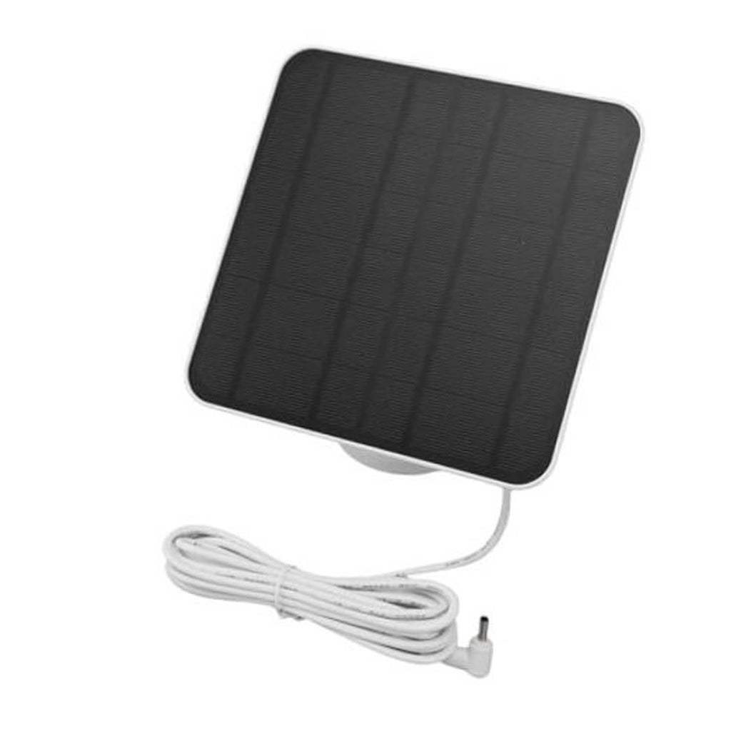 Black solar panel with white cable and plug connector for security camera power