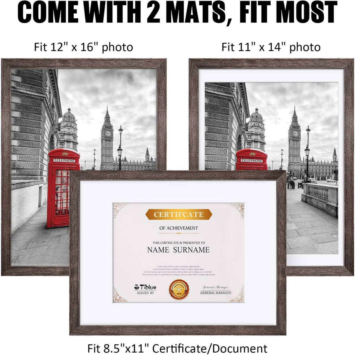 Brown picture frame with two white mats and certificate/document photo