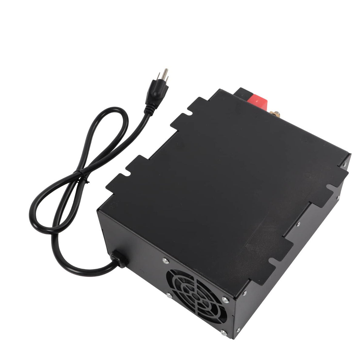 Black RV power converter with fan grille and power cord on side panel
