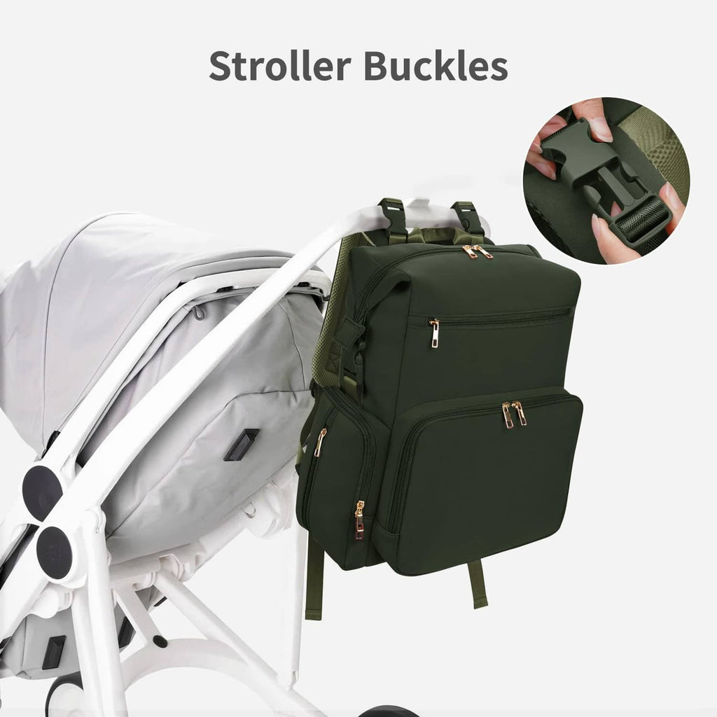 Green diaper bag backpack attached to stroller with buckles and side zipper pockets.