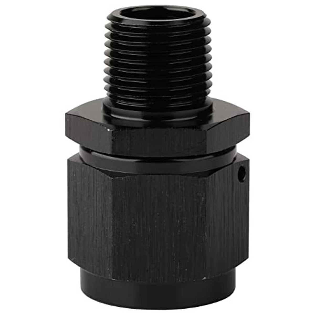Black flare swivel adapter with hex body and external 10AN threads, 3/8 NPT male