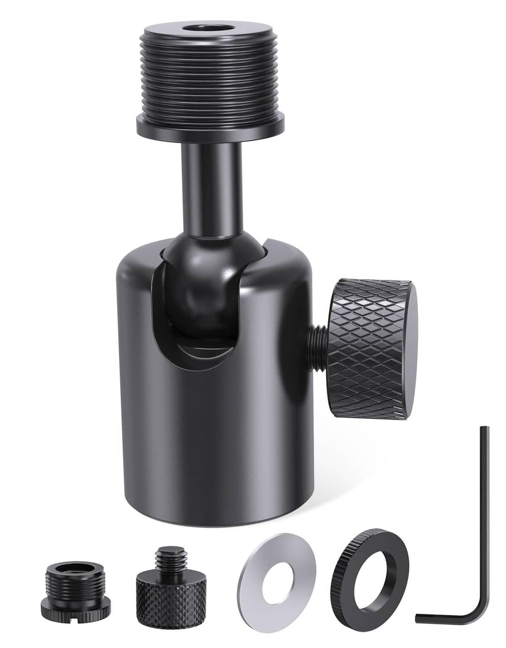 Black ball-head microphone adapter with angle adjustment knob and threaded mount