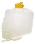 Coolant reservoir with yellow cap, front view and small outlet nipple