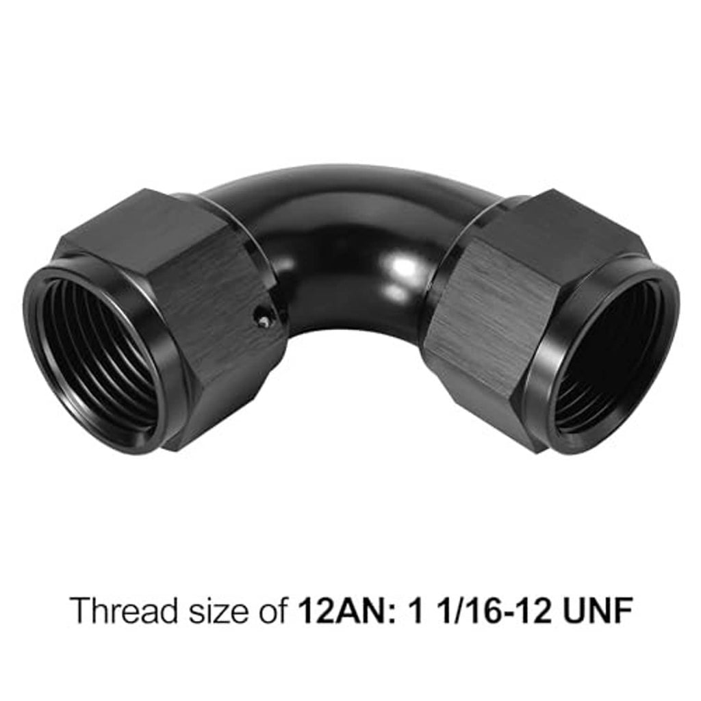 Black 90-degree AN swivel coupler fitting with two threaded female ends, U-shaped elbow
