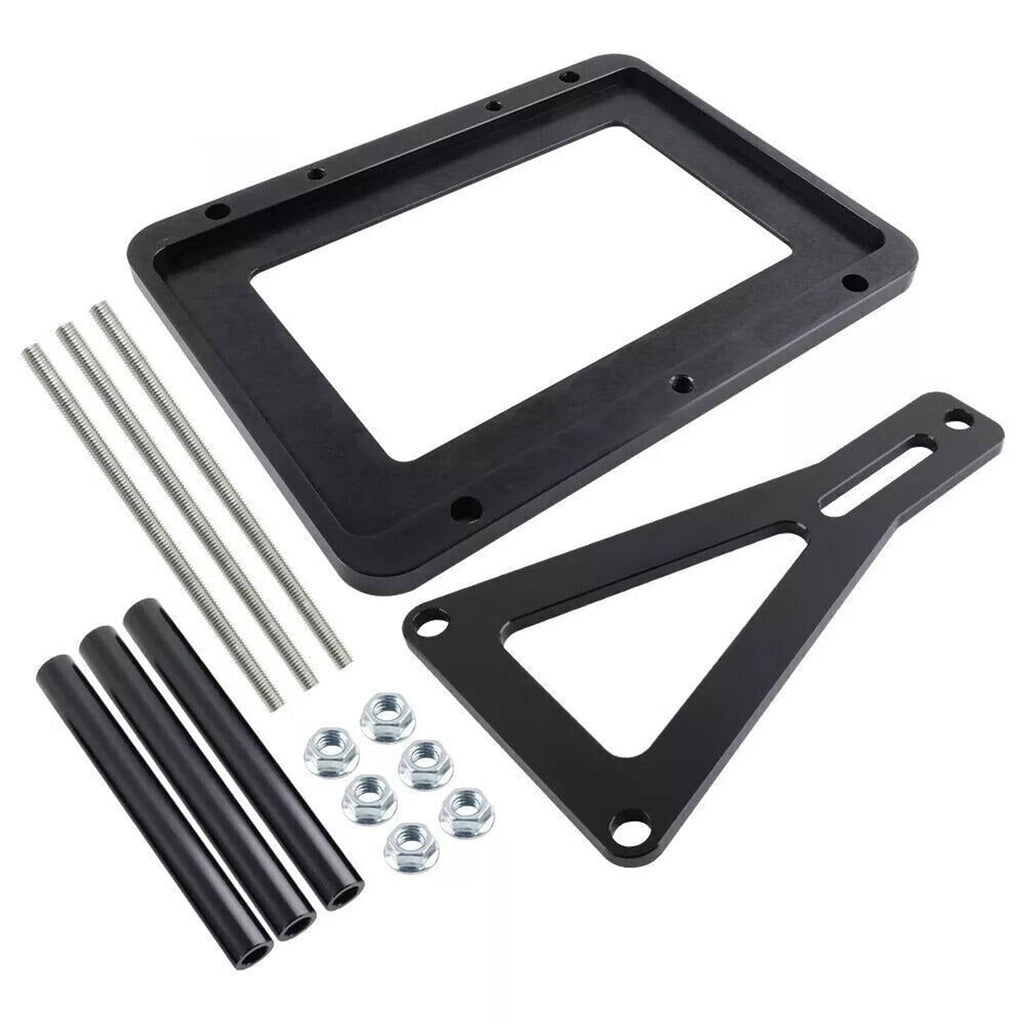 Black aluminum battery tray base and mounting hardware with bolts and nuts