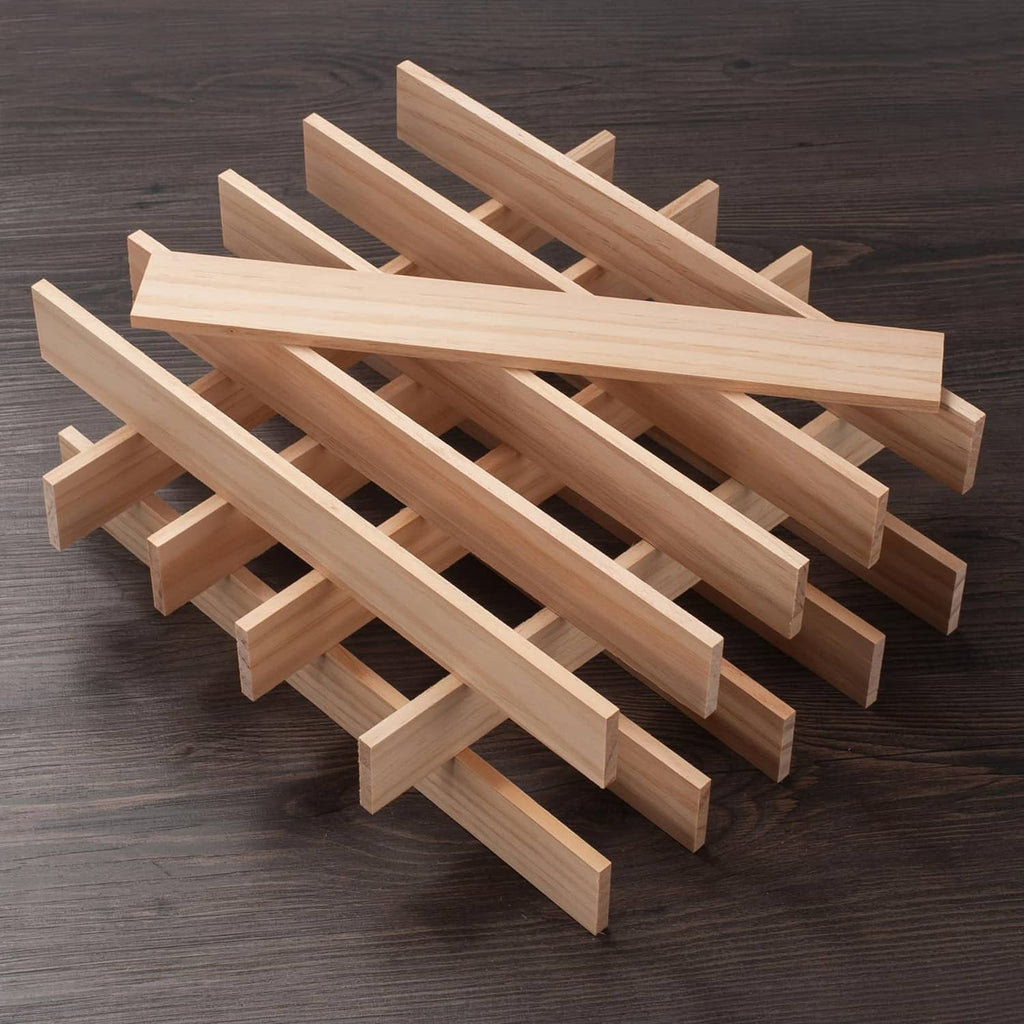 Light wood slat strips arranged as an interlocking grid, square-edged dowels