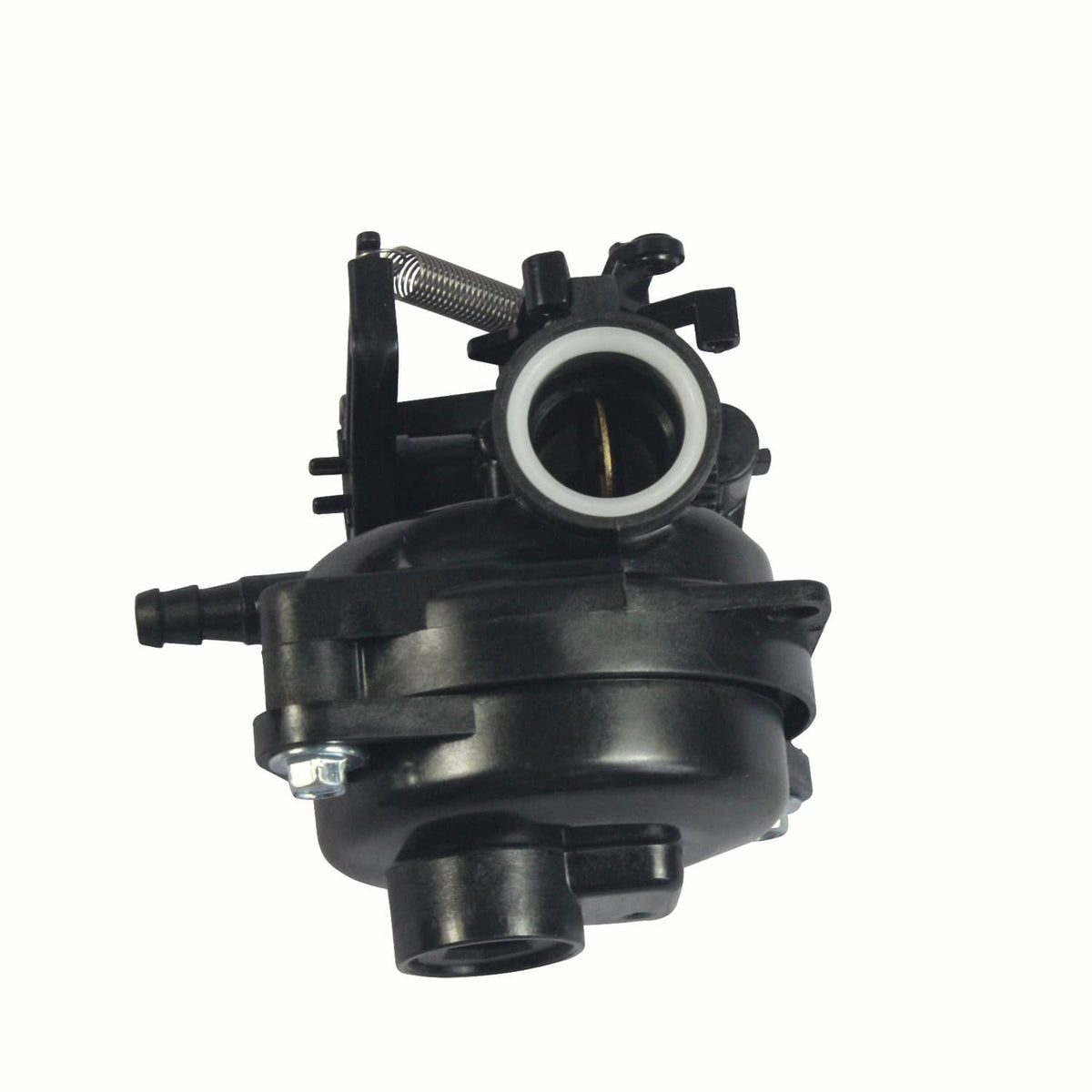 Black carburetor with round intake throat and metal return spring