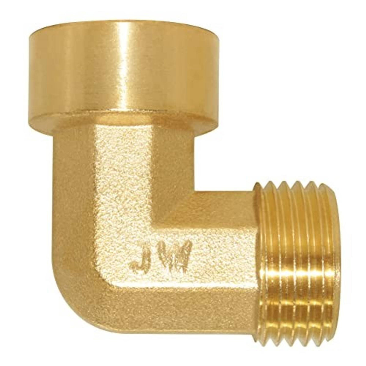 Forged brass 90-degree elbow pipe fitting with threaded male end and smooth female coupling