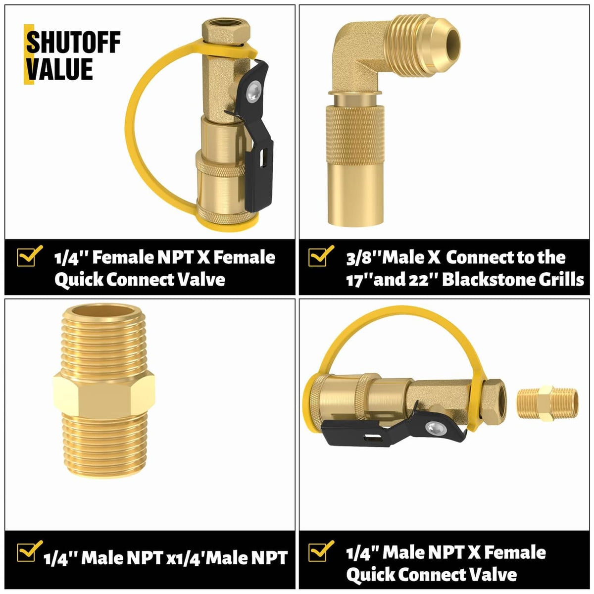 Brass quick-connect propane valve and threaded connector fittings for RV gas hose