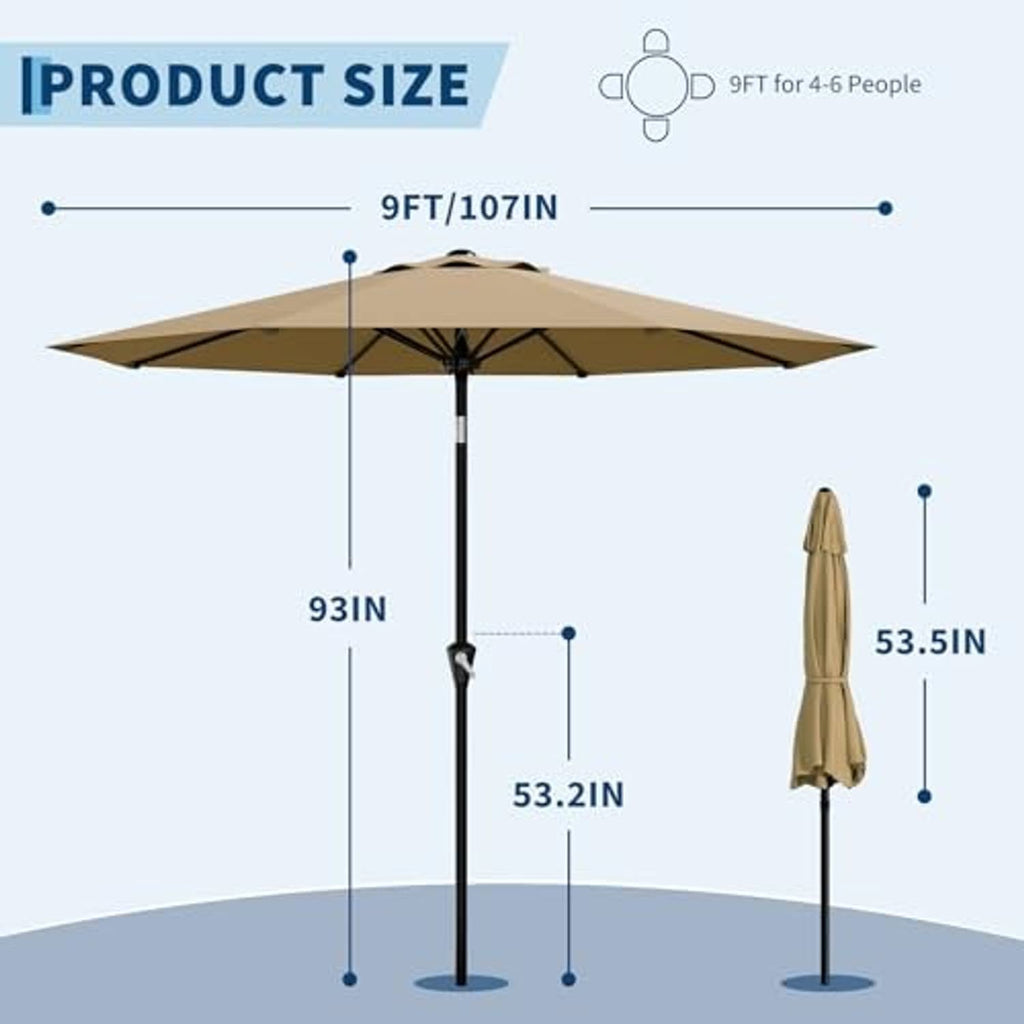 Tan 9-ft patio umbrella with octagonal canopy on tall black pole