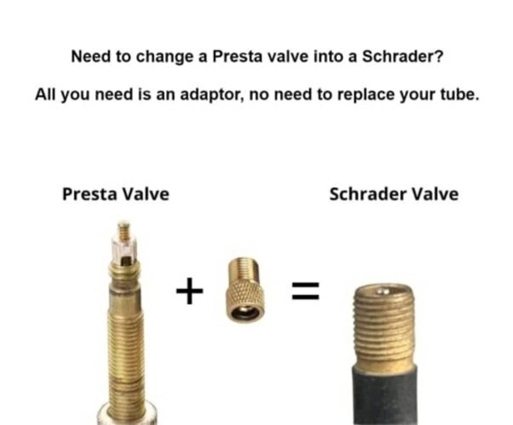 Presta valve adapter converting to Schrader valve using a brass insert