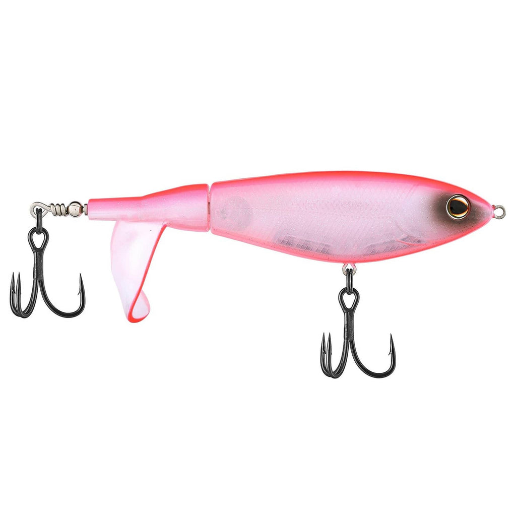 Pink topwater fishing lure with front lip and two treble hooks