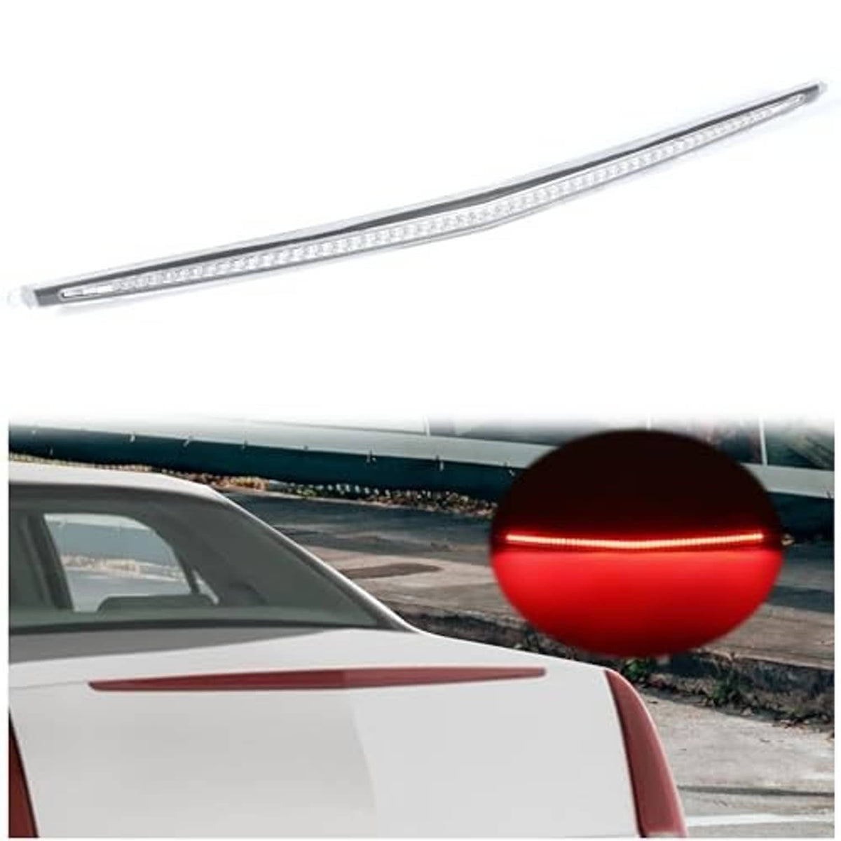 Rear LED high mount third brake light bar showing illuminated red strip.
