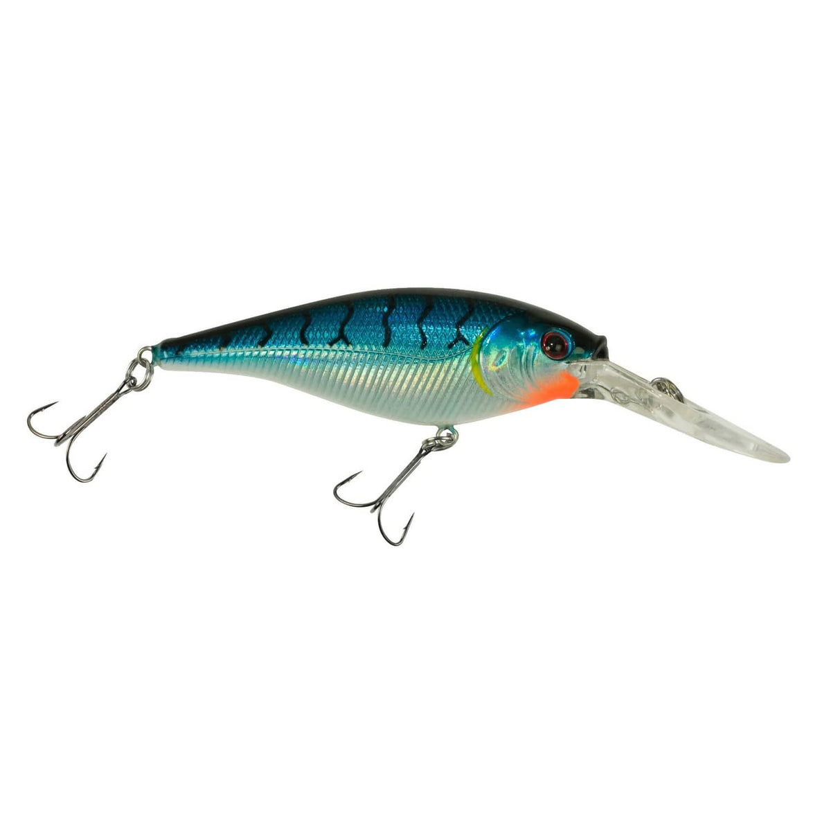 Blue tiger crankbait fishing lure with treble hooks and lifelike painted finish