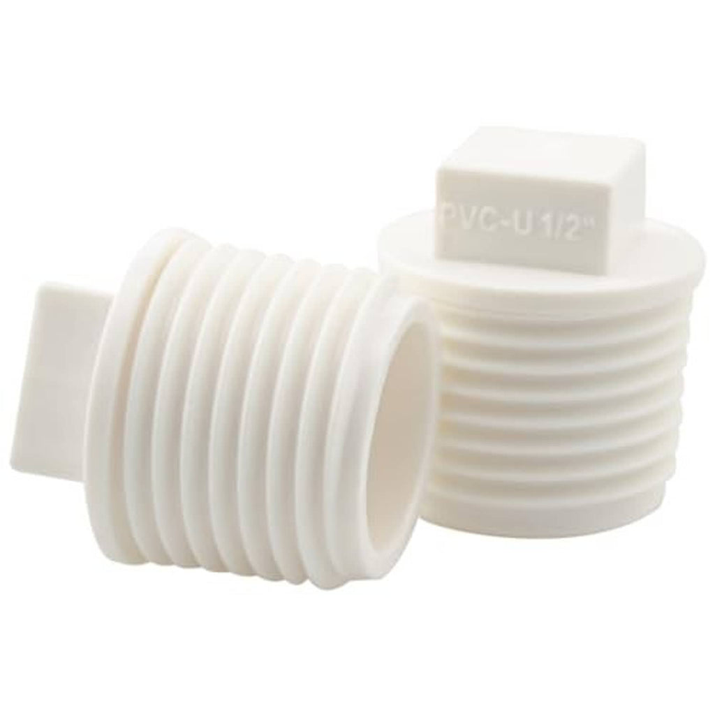 White PVC 1/2 in male thread end cap plug, close-up with embossed marking