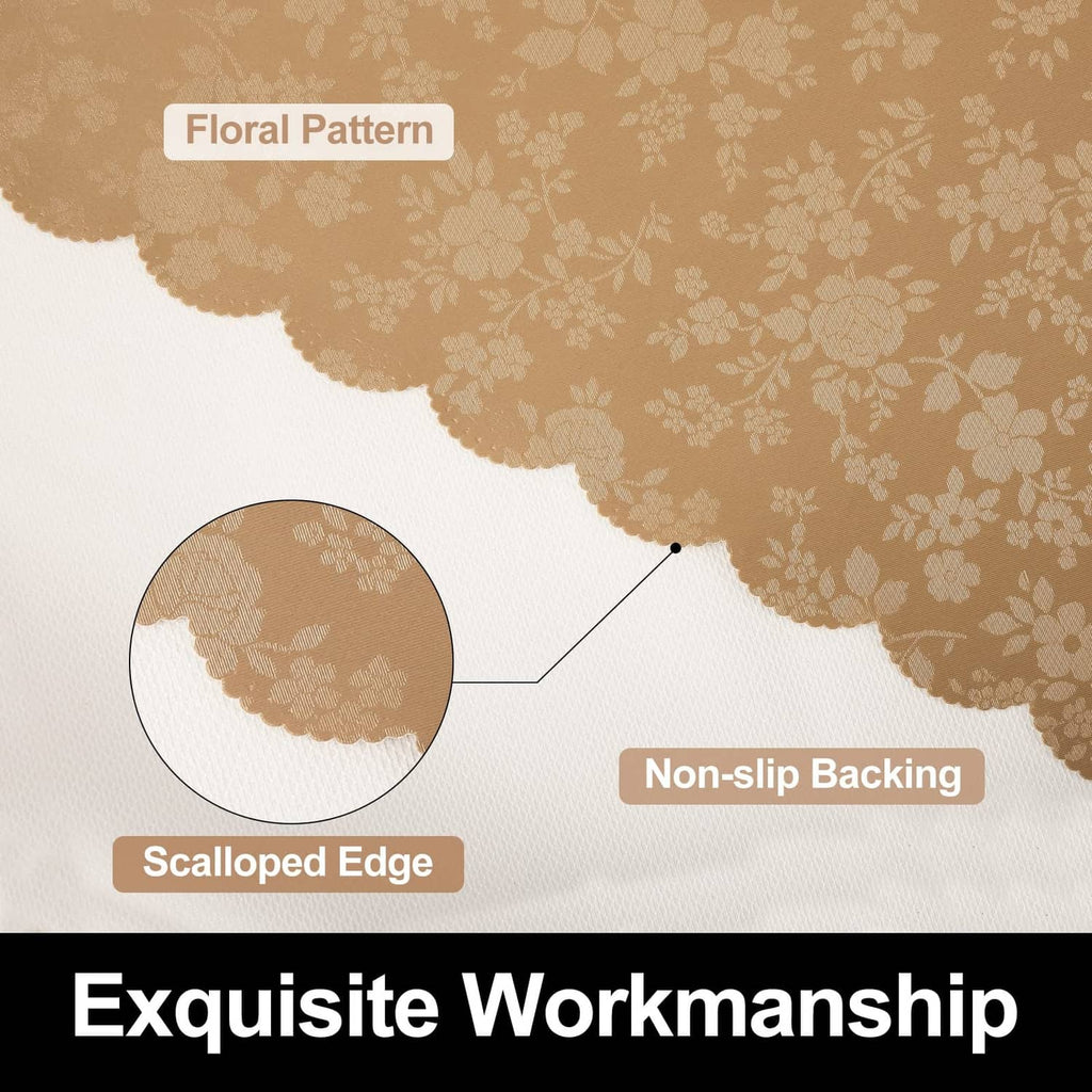 Beige floral round tablecloth with non-slip backing and scalloped edge design