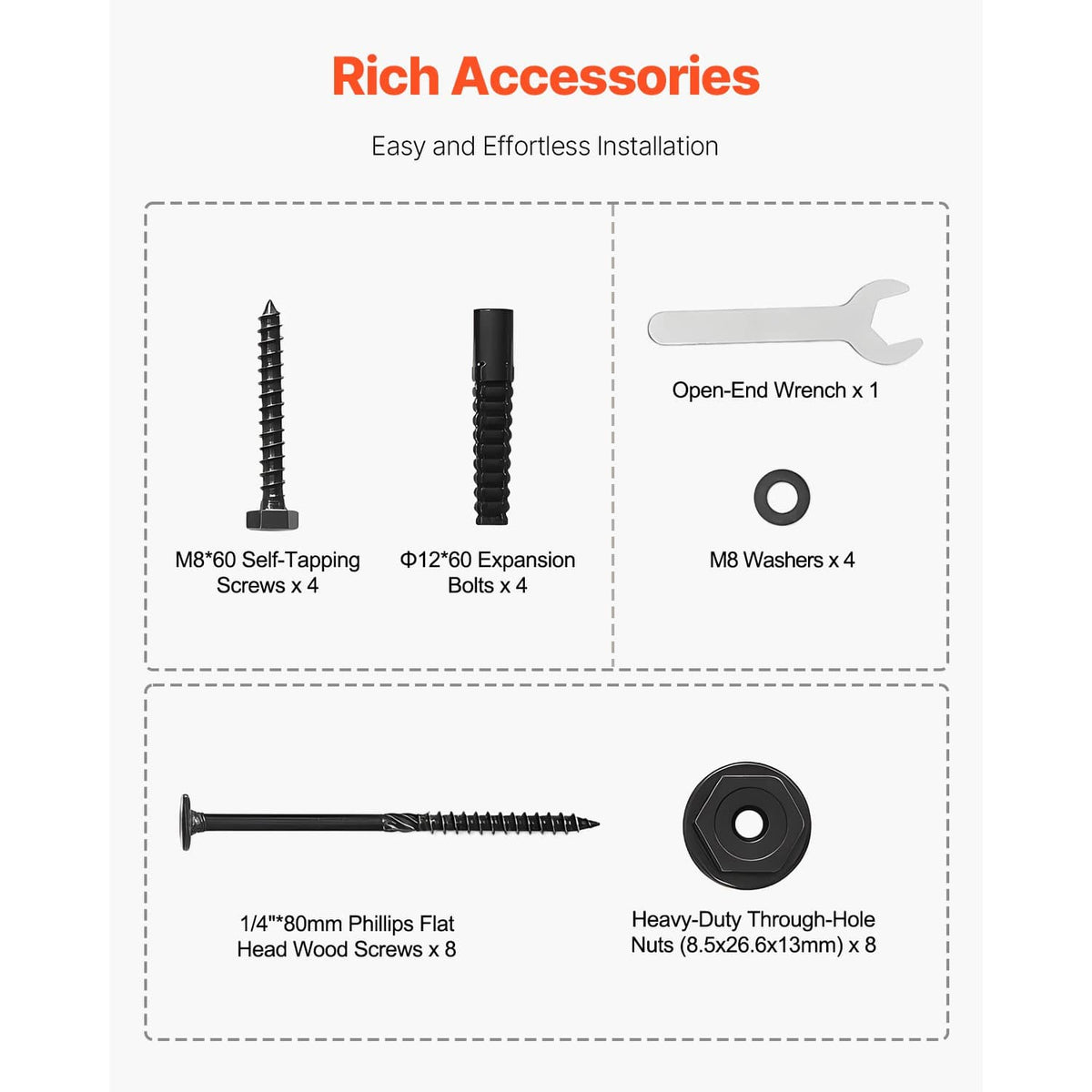 Black post base bracket hardware kit: self-tapping screws, expansion bolts, washers, wrenches