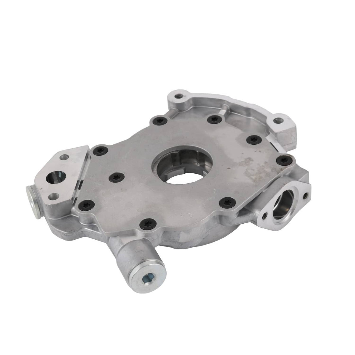 Oil pump housing with side outlet port, centered bore, and mounting holes on plate