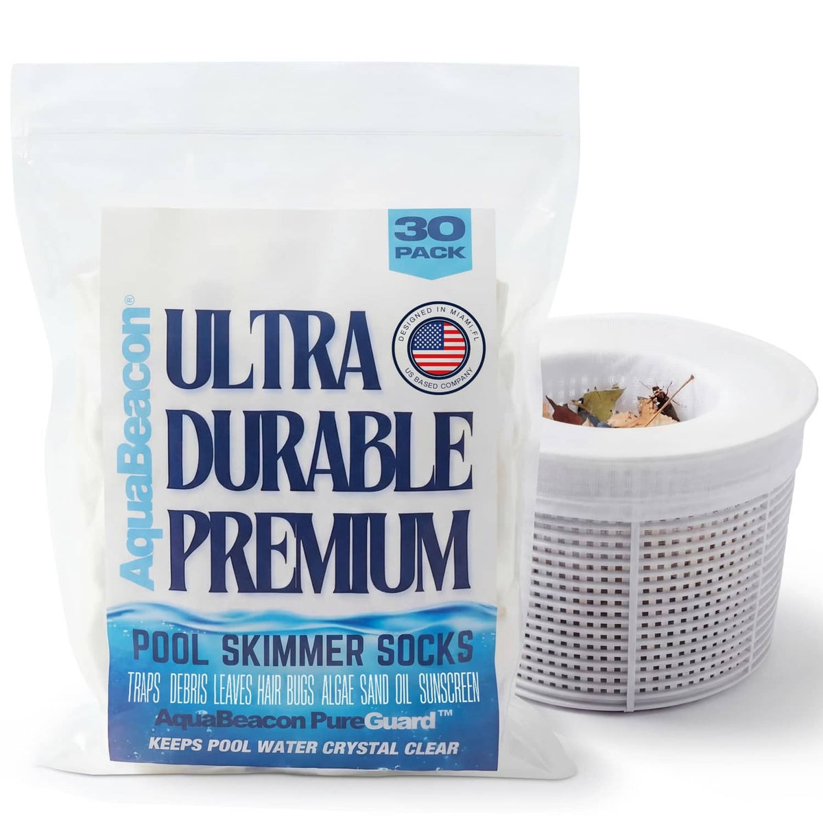 Aquabeacon Ultra Durable Premium pool skimmer socks, 30-pack bag packaging