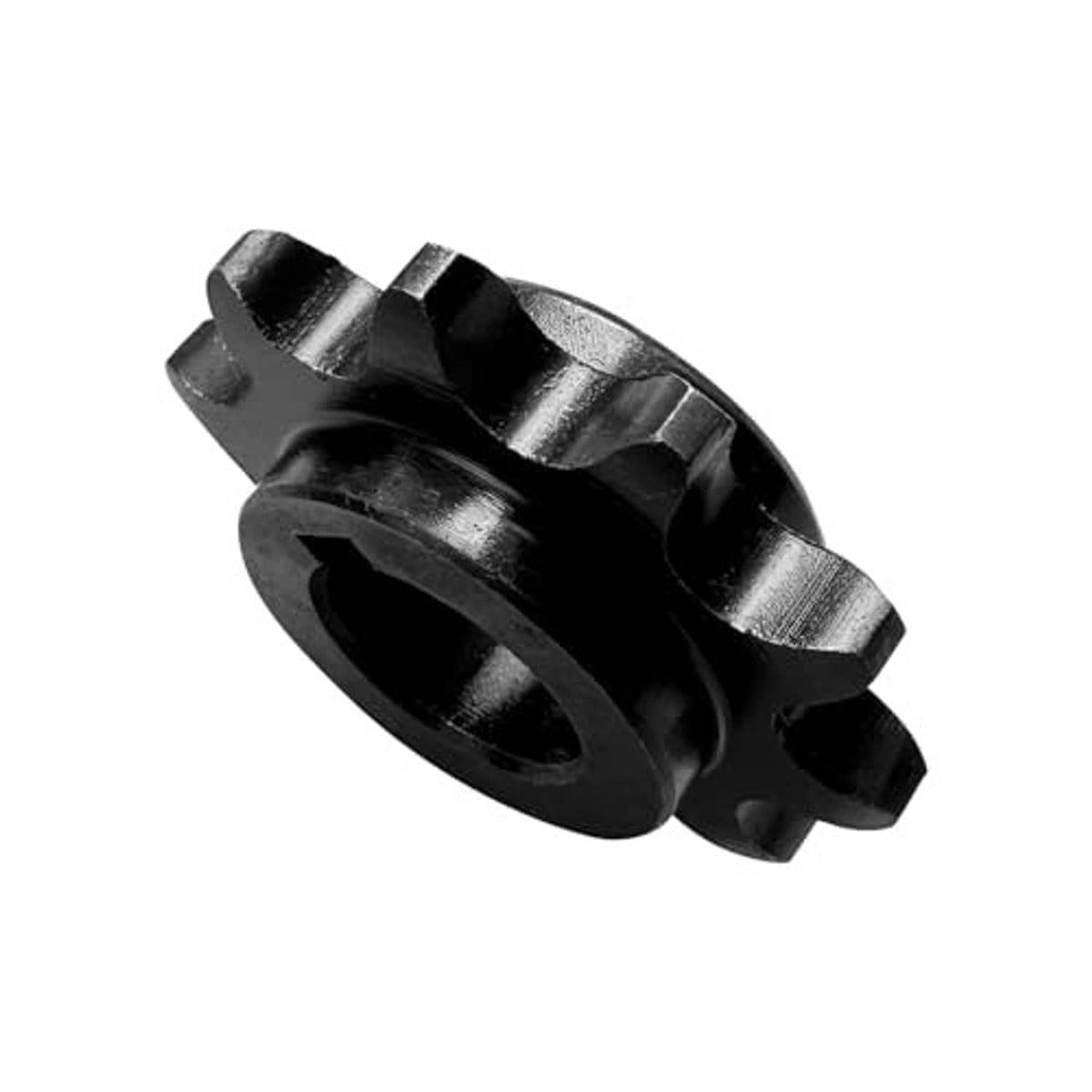 Angled close-up of 10-tooth chain front sprocket, dark steel, central bore and keyway