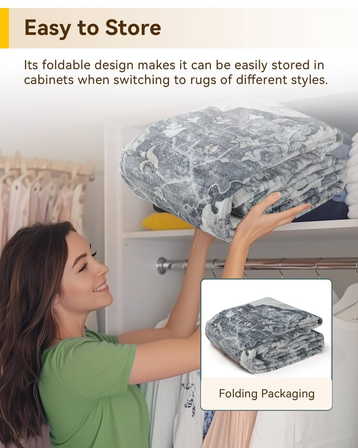 Folded grey and white floral rug in closet storage, labeled for folding packaging