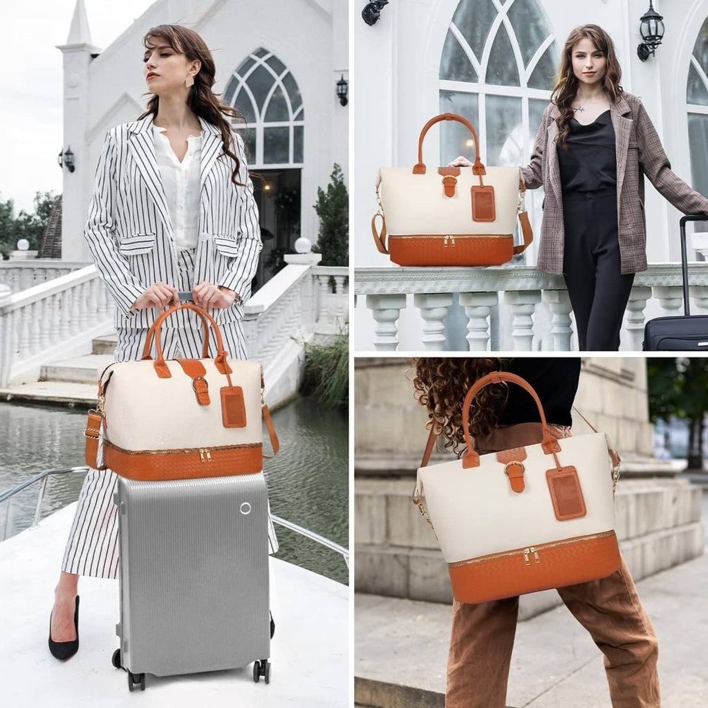 White and brown duffel bag carried by woman outdoors beside a rolling suitcase.