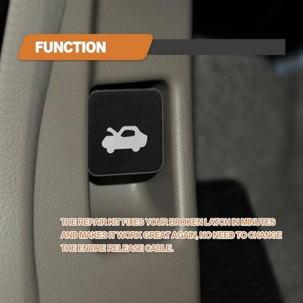 Black square hood latch release button on vehicle interior, featuring wrench icon.