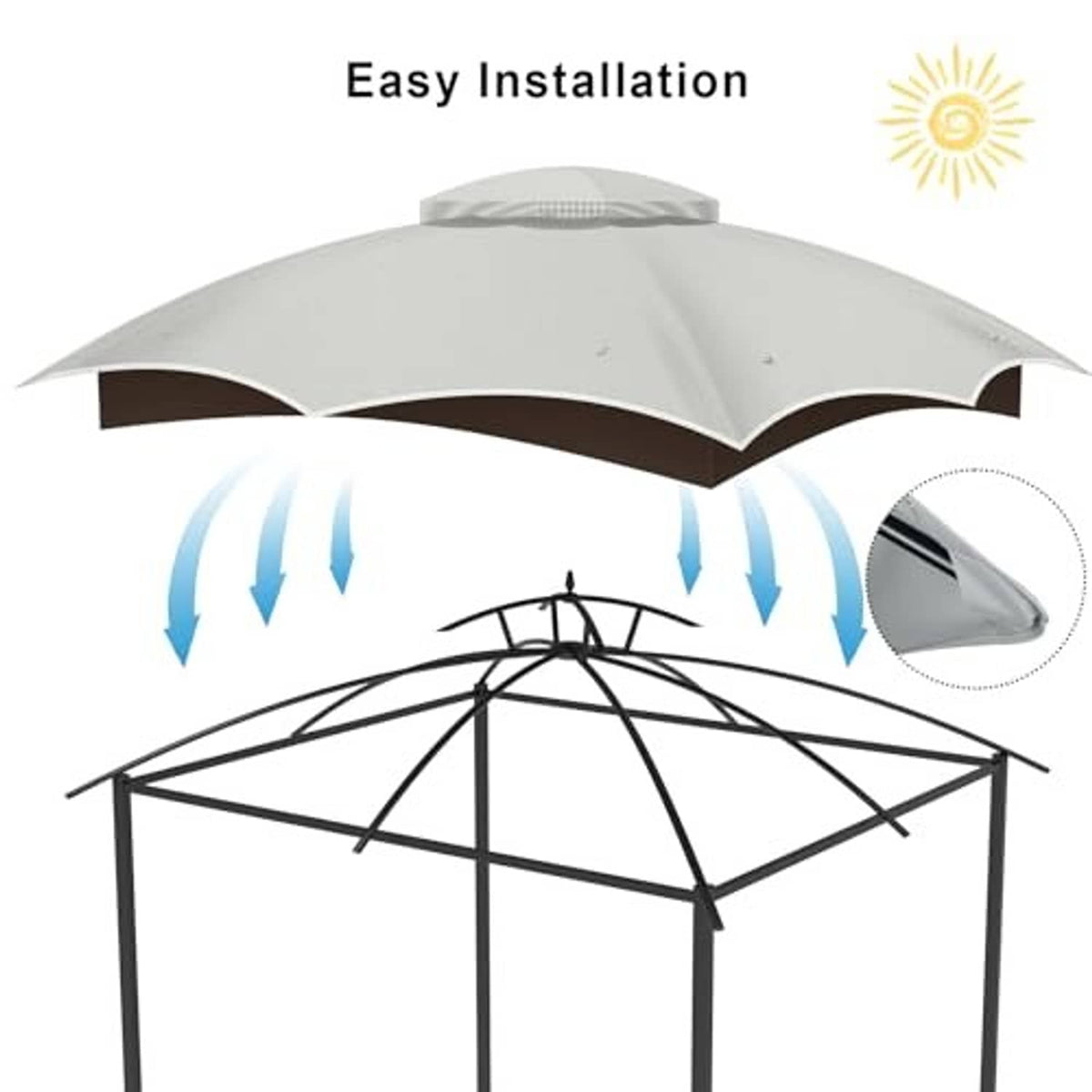Gray gazebo canopy replacement top with adjustable airflow and easy-fit design