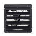 Black wall-mounted shutter exhaust fan with louvered grille and internal blades