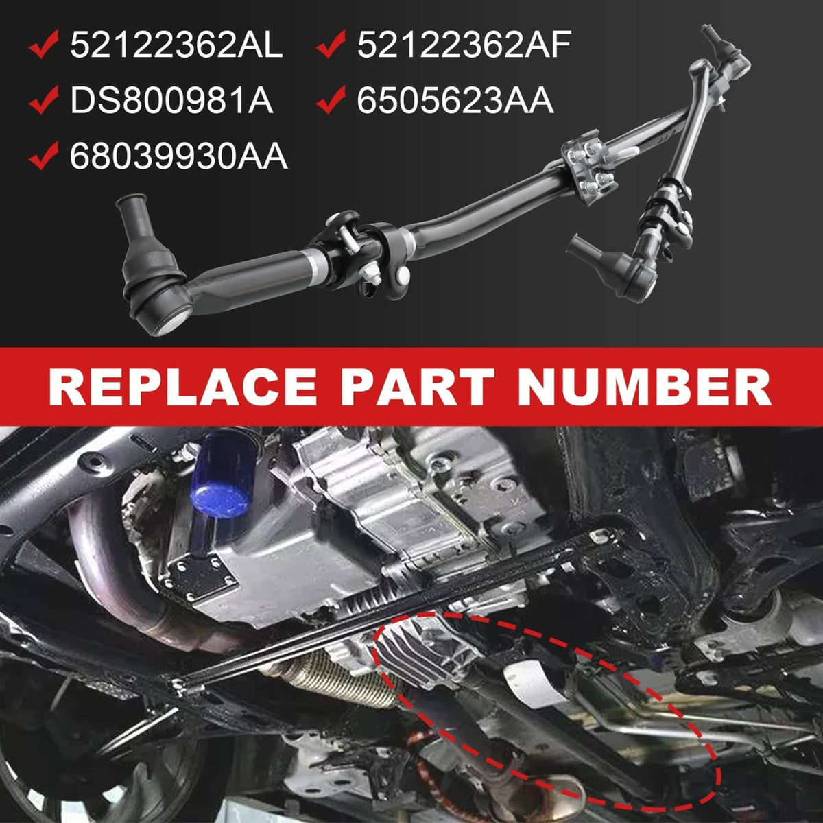 Steering linkage drag link with ball-joint ends and mounting hardware for replacement