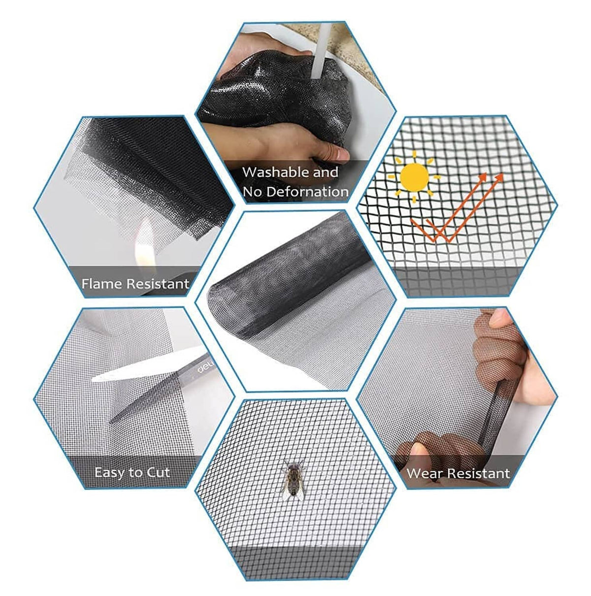 Charcoal black window screen mesh roll with fine grid and trimmed edge