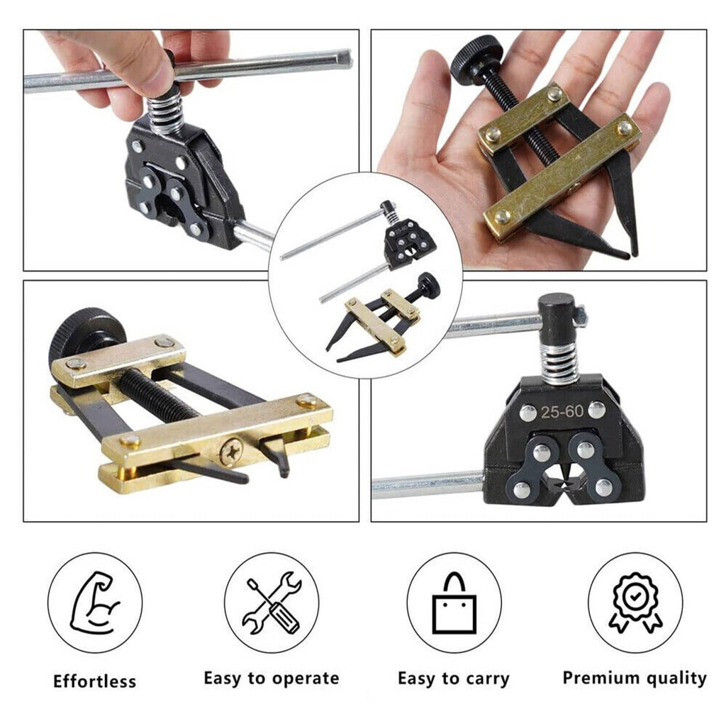 Roller chain breaker cutter tool with steel rods and gold clamp, shown in hand