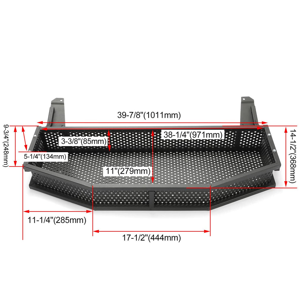 Perforated steel front storage basket with mounting dimensions overlay, black