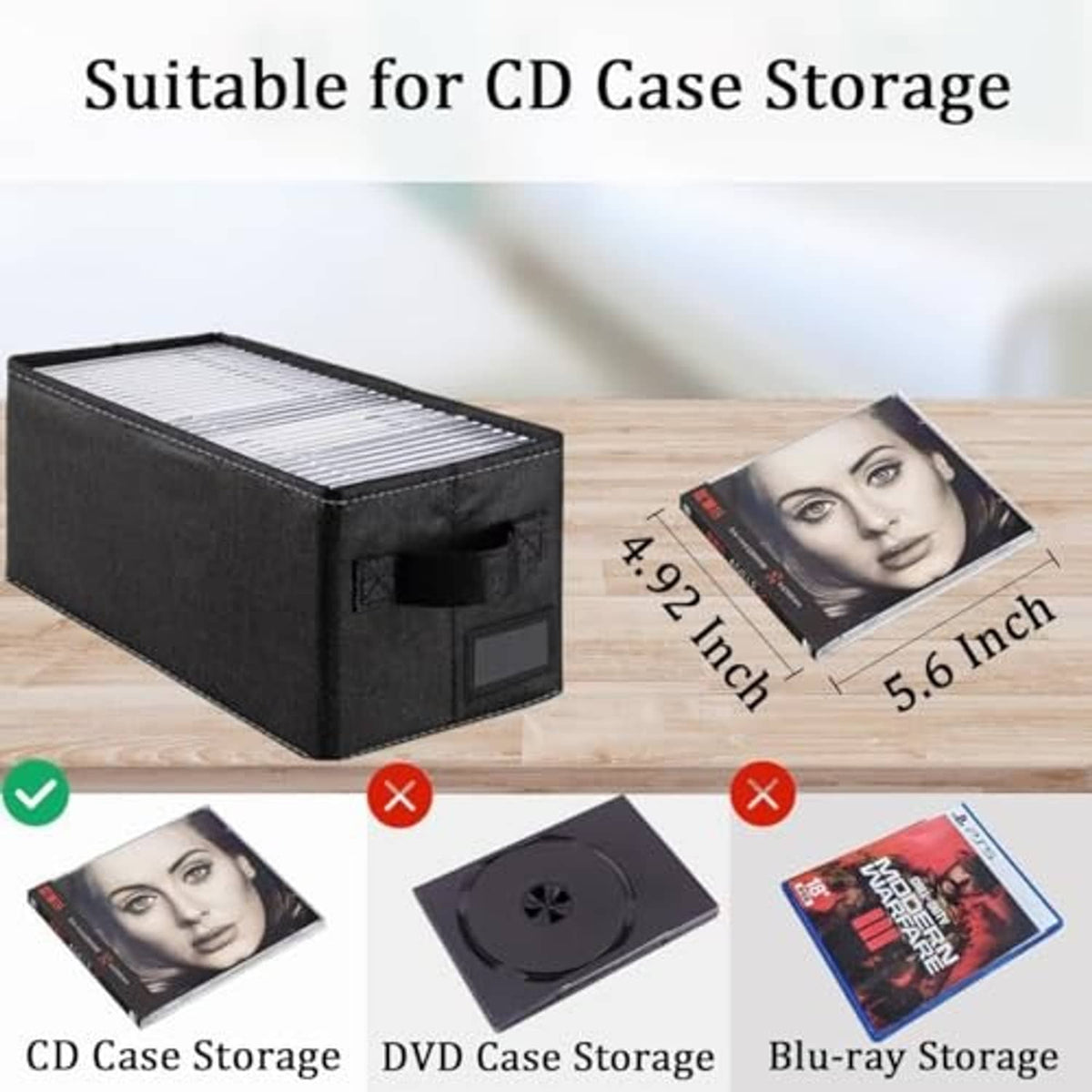Black fabric CD storage box with open top slot for CD cases, front label window