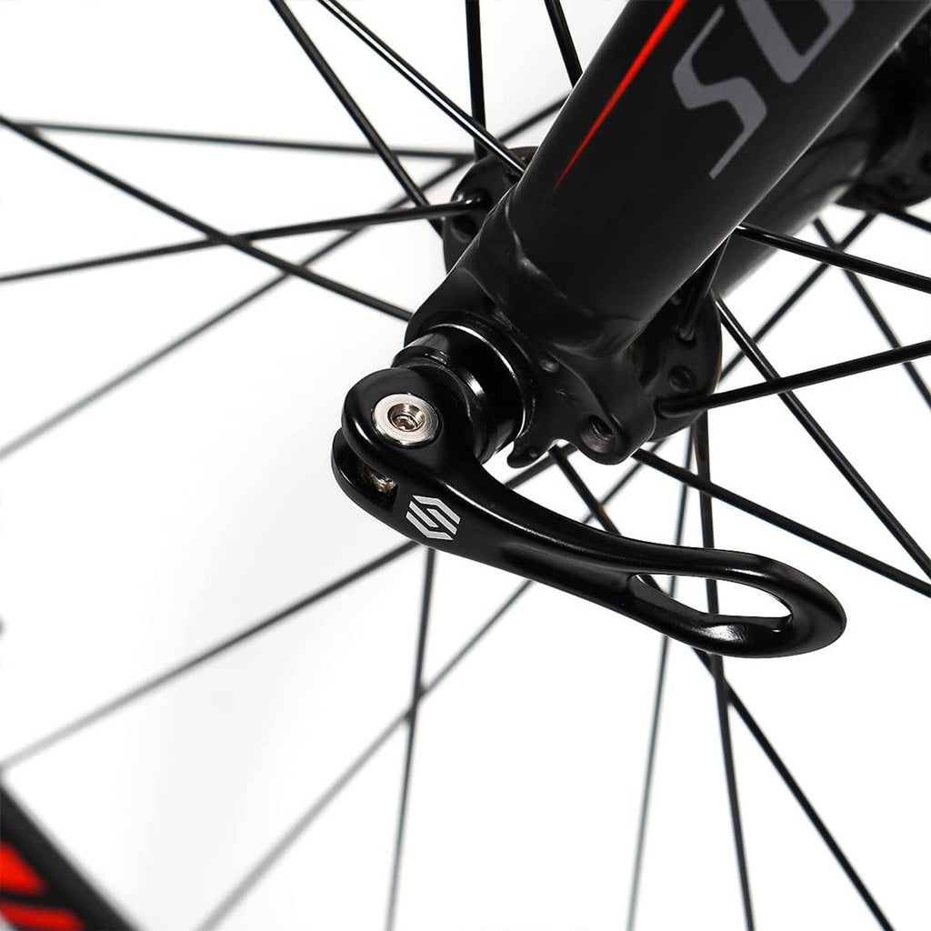 Black quick release skewer lever on wheel hub with axle clamp hardware