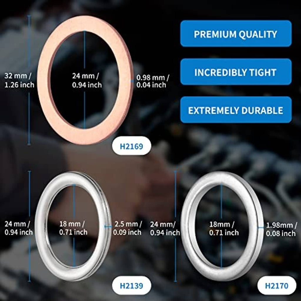 Copper and silver crush washers set with visible size rings for fitment