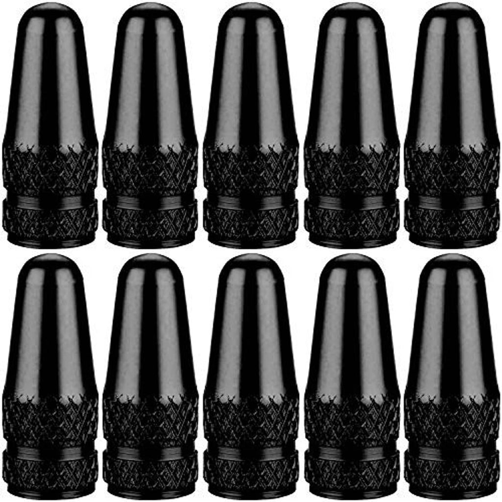 10-pack bike Presta valve stem caps, chrome top and black knurled texture