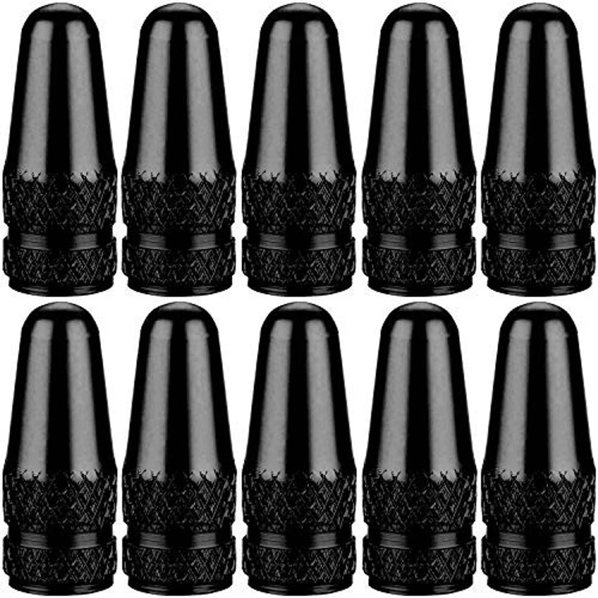 10-pack bike Presta valve stem caps, chrome top and black knurled texture