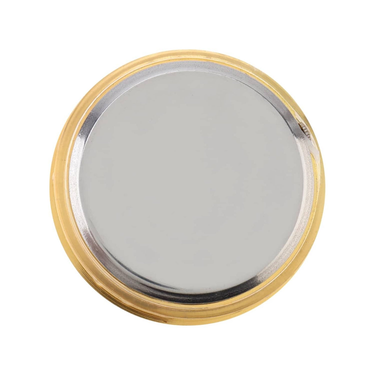 Mini quartz clock back view with gold rim and flat silver cover