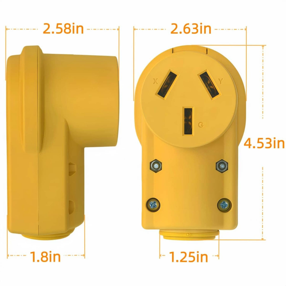 Industrial yellow NEMA 10-50R female receptacle with side profile and front contact face