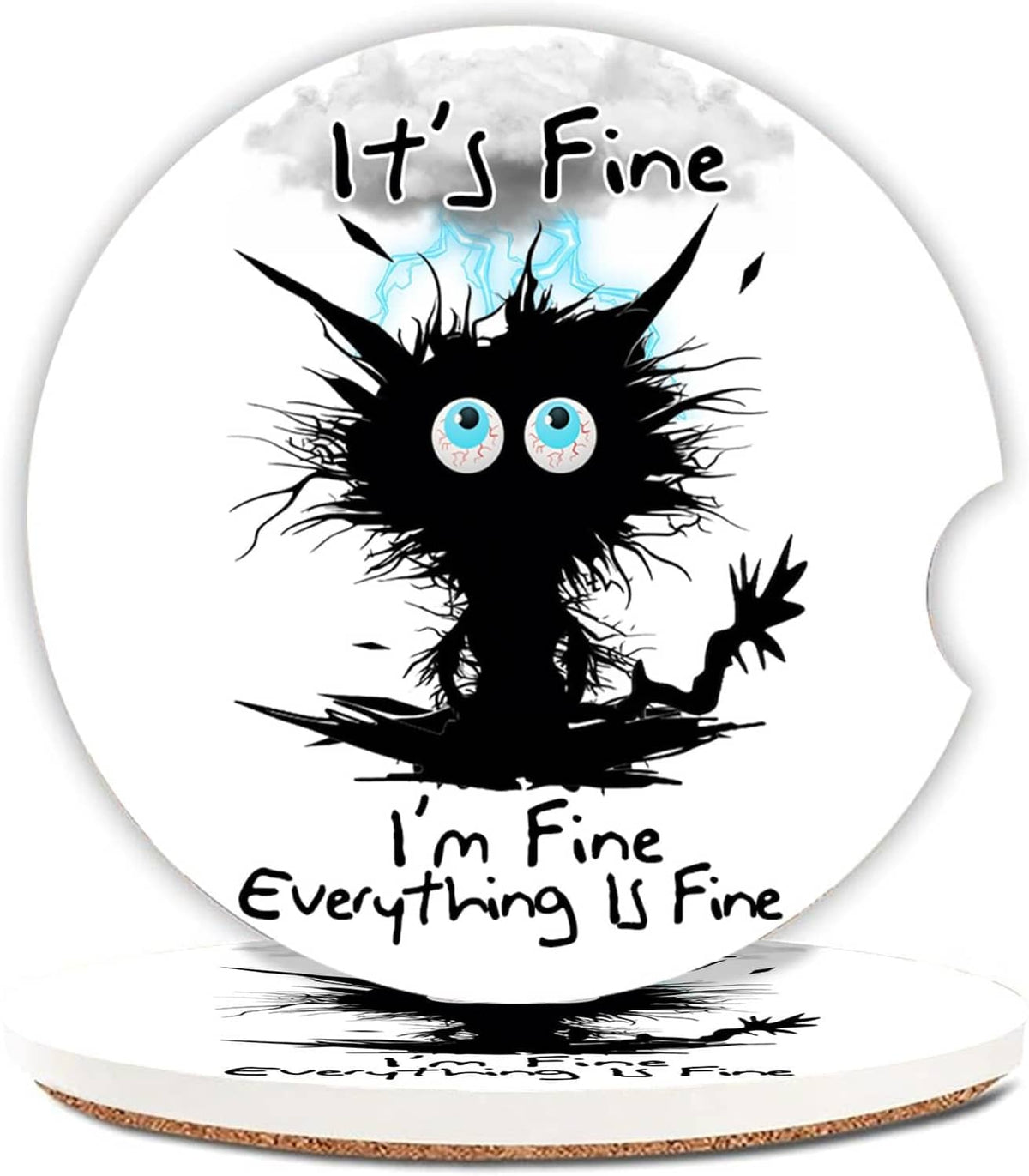 Round ceramic coaster with black cat graphic on white top and cork underside