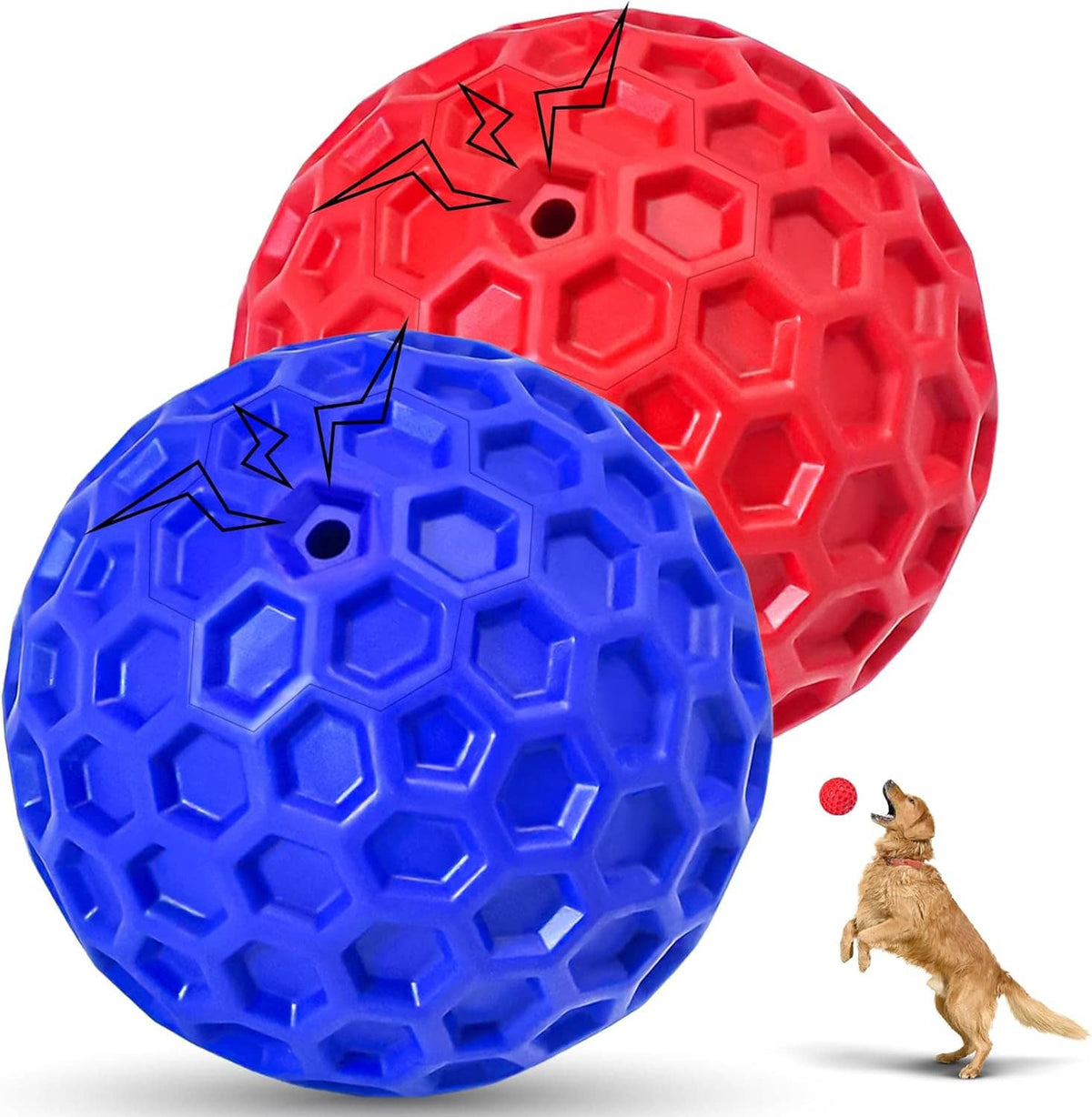2-pack rubber dog balls: red and blue raised hex texture with squeaker hole