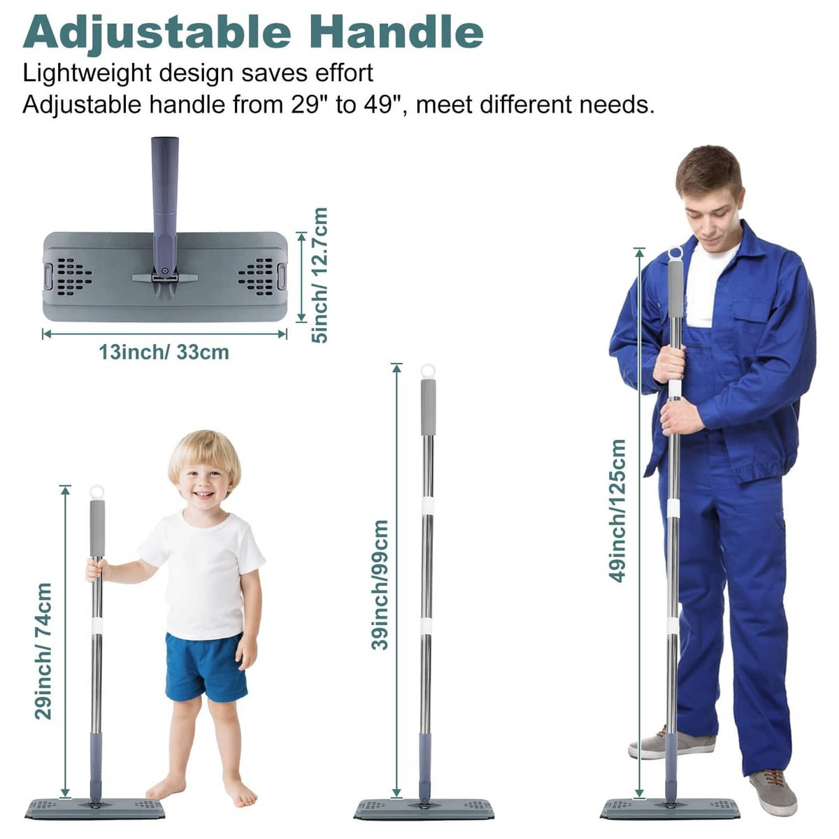 Adjustable gray handle flat mop with rectangular microfiber cleaning head