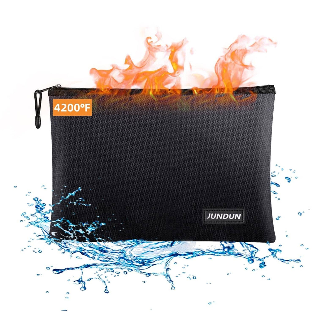 Black fireproof document bag with top zip and carry loop, JUNDUN logo on front.