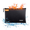 Black fireproof document bag with top zip and carry loop, JUNDUN logo on front.