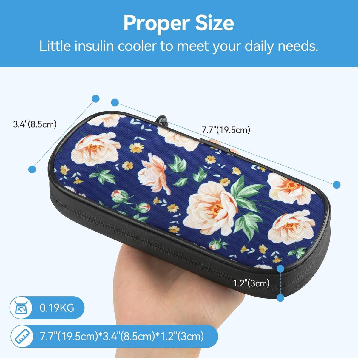 Compact floral insulin cooler travel case with roses print and black zipper