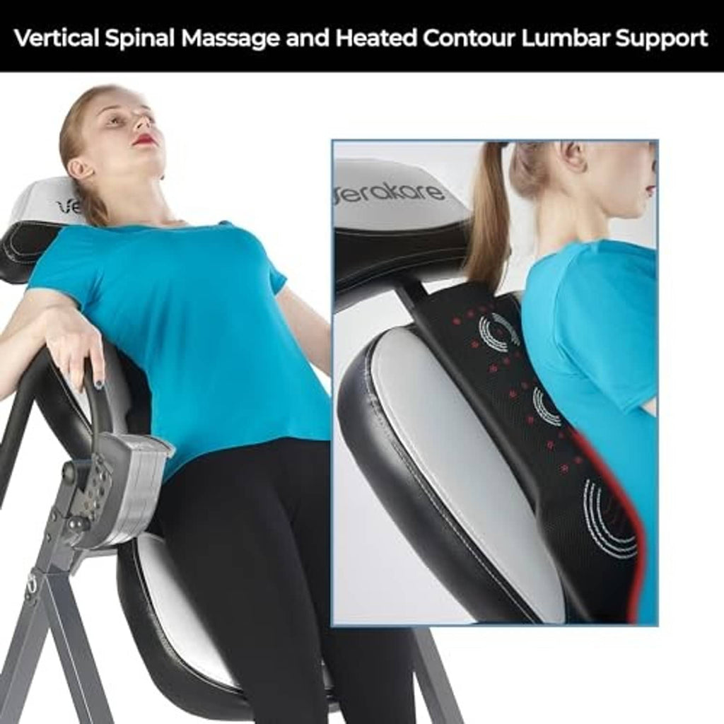 Inversion table with heated contour lumbar support and vertical massage back pad