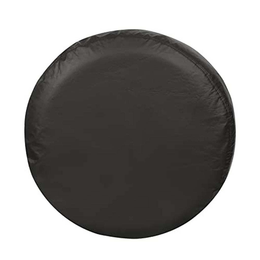 Black round spare tire cover with smooth surface and stitched edge