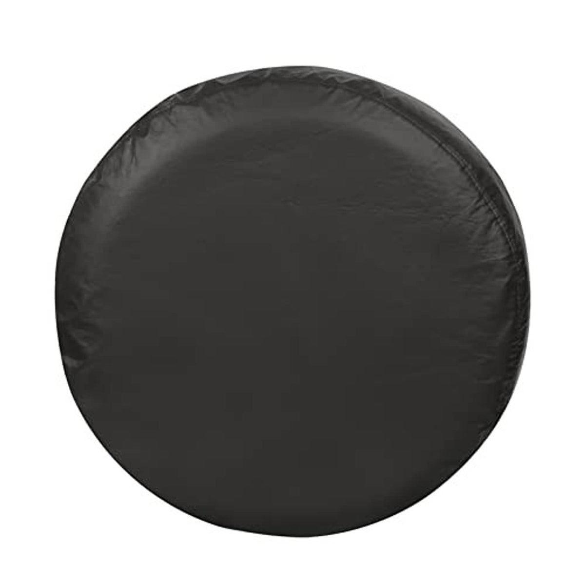 Black round spare tire cover with smooth surface and stitched edge